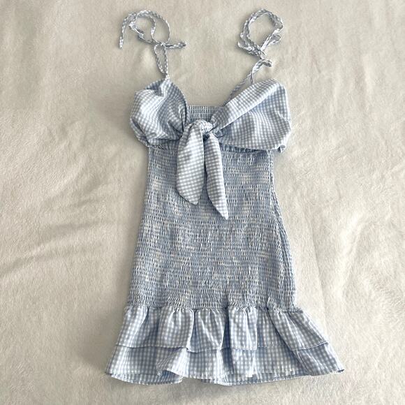 Mable Smocked Plaid Mini Dress S Blue Ruffled Cut-Out Tie Front Checker Coquette - Picture 3 of 9